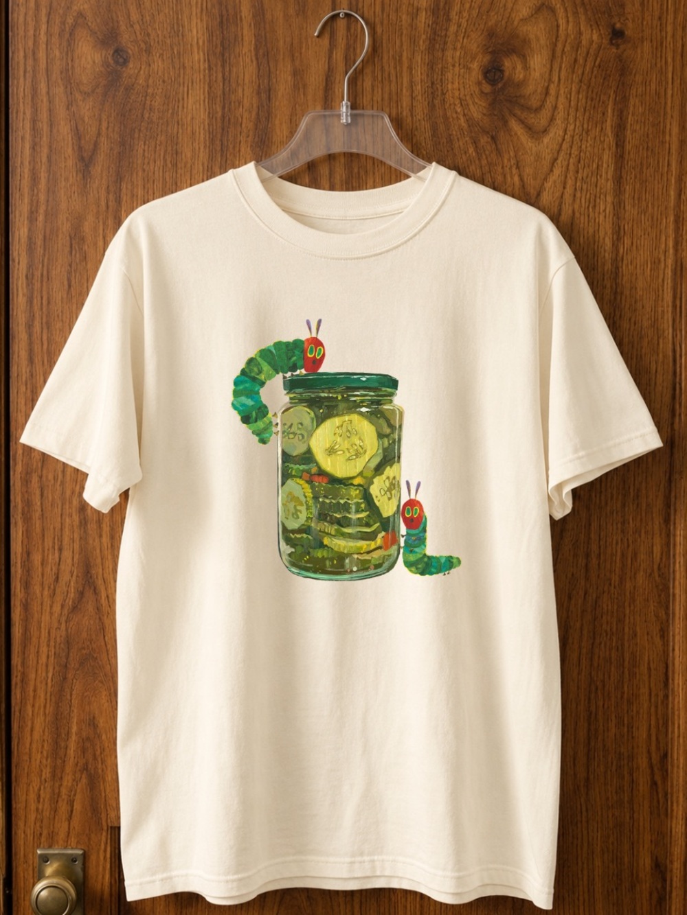 Off white T-Shirt with Green Caterpillar & Pickle Jar Graphic